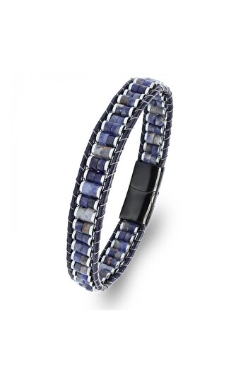 FM Genuine Leather, Lapis Natural Stone and 316L Titanium Steel Men's Bracelet 31832B22D10