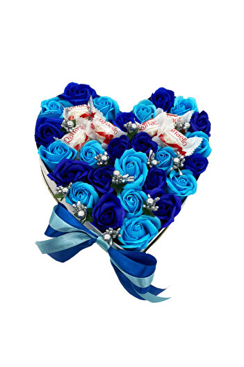 velve Aranjament floral personalizat cu cifre,cutie alba forma de inima cu trandafiri de sapun,albastru,5