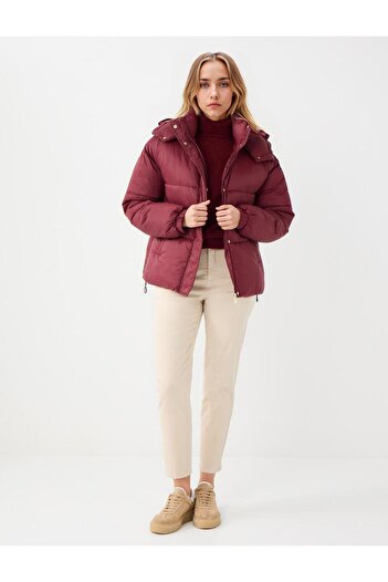 Jimmy Key Burgundy Quilted Patterned Hooded Puff Coat with Pocket Detail