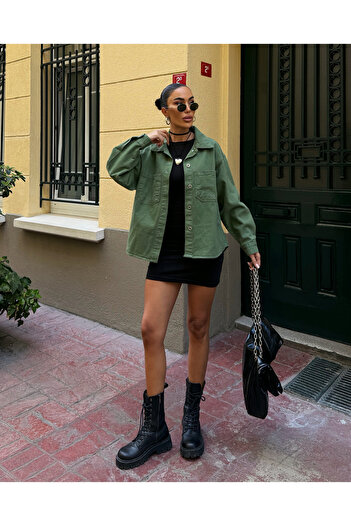 Fav Style Women's Oversize Long Sleeve Double Pocket Jacket Shirt Washable Khaki