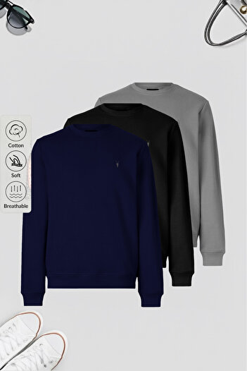 COMBİNE MİCHAİL Men's Basic Crew Neck Loose 3-Piece Sweatshirt