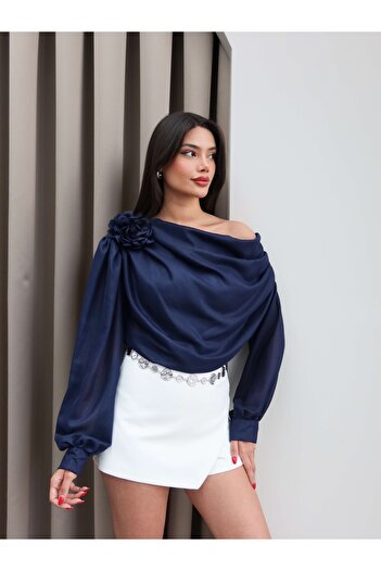 ESRAHELVACI One Shoulder Rose Detailed Chiffon Blouse