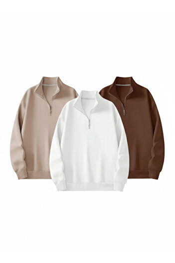 AFROGİYİM Unisex 3-Pack Stand Collar Zippered 2-String Sweatshirt