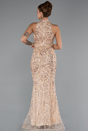 Abiyefon Gold Halter Yaka Boncuklu Uzun Balık Abiye ABU4791