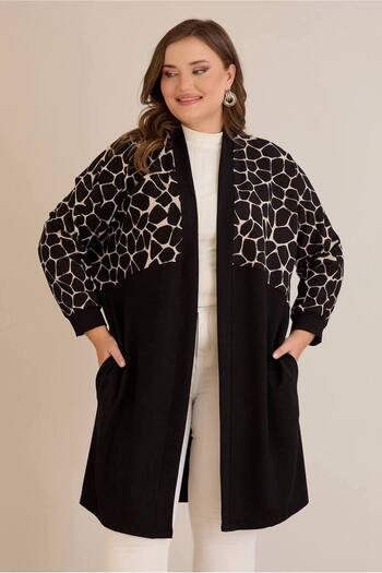 FOR ESRA BIG TREND Women's Plus Size Top Honeycomb Pattern Side Pockets Wide Cut Batwing Sleeve Front Open Viscose Stretchy Cardigan