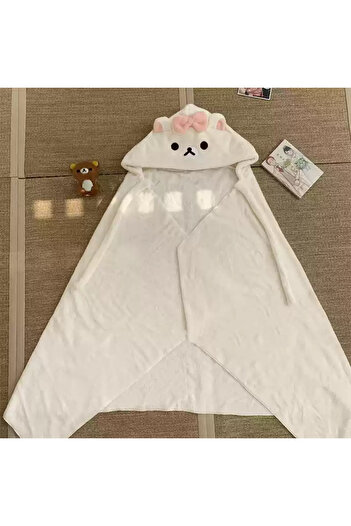 Miniso white color Kawaii Rilakkuma Warm Bear Brother Bear Sister Cloak Hooded Shawl Office Nap Blanket Rel