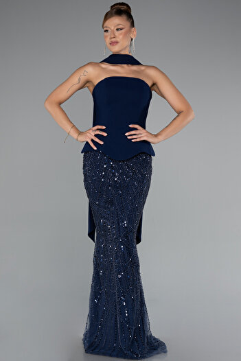 Abiyefon Lacivert Straplez Peplum Detay Taşlı Uzun Balık Abiye ABU5131