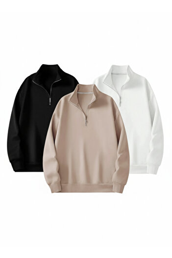 AFROGİYİM Unisex 3-Pack Stand Collar Zippered 2-String Sweatshirt