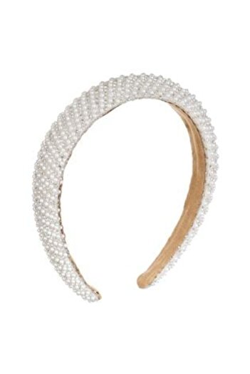 OEMN Beige Wide Hair Crown with White Pearls and Rhinestones for Women