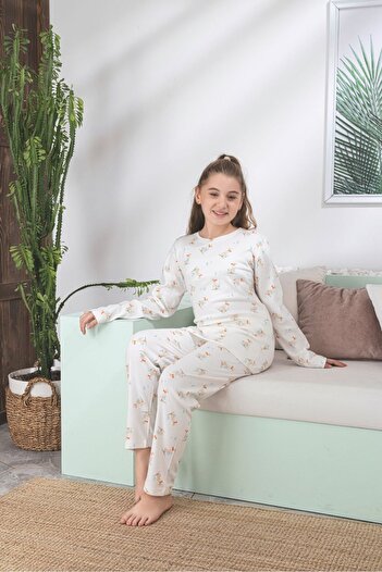 Asel Children's Bird Pattern Lycra Soft Interlock Fabric Long Sleeve Pajama Set