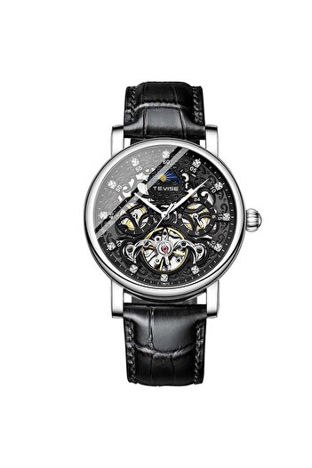 Tevise Men's Watch Mechanical Automatic Skeleton Black Leather Strap