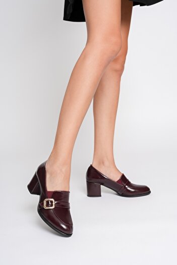 ANALİN SHOES Women's Genuine Leather Buckle Detailed Heeled Shoes - Burgundy Patent Leather