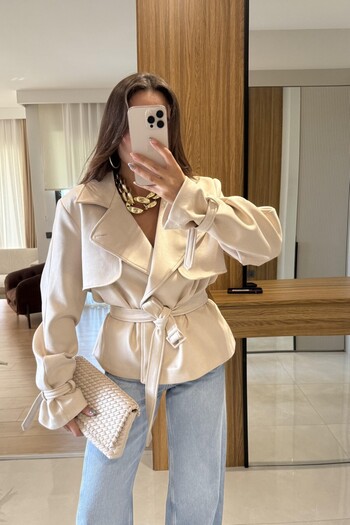 FMN Butik Pinterest Style Suede Fabric Design Stand Collar Brand Equivalent Stylish Lined Belted Coat Jacket