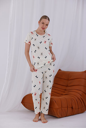 Arvin Pijama Women's White Character Printed Soft Textured Short Sleeve Knitted Pajama Set