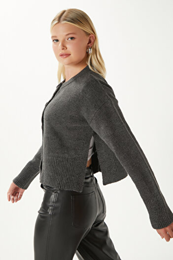 Ritnice Women's Keep Side Slit Soft Textured Anthracite Basic Knitwear Cardigan 70145