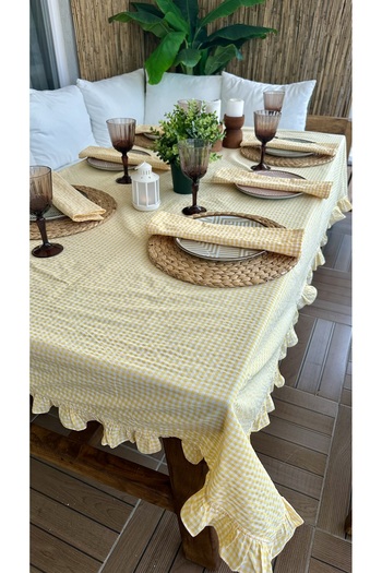 Decamor home Thin Linen Yellow Gingham Ruffled Tablecloth