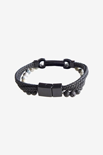 ALTINYILDIZ CLASSICS Men's Black-Grey Leather Bracelet
