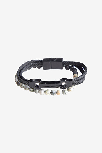 ALTINYILDIZ CLASSICS Men's Black-Grey Leather Bracelet