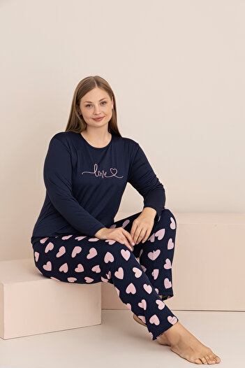 rindahomewear Women's Plus Size Milan Knitted Long Sleeve Embroidered Women's Pajama Set