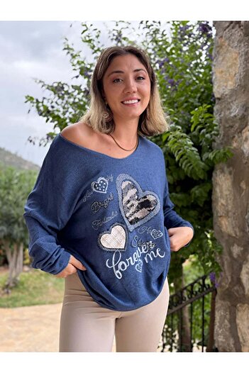 Punta Otantik Ls6211 Italian Heart Patterned Knitwear Blouse Navy