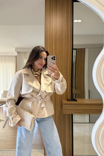 FMN Collection Back Fabric Detail Design Brand Equivalent Loose Suede Sleeve Detail Waist Sleeve Belted Jacket Coat