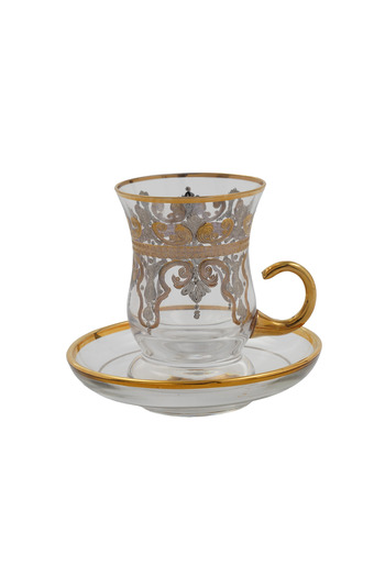 SQUALO Turkish tea cup set - 6 pieces with golden engravings and saucers