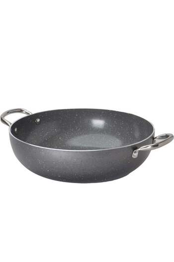 Badraig Non-Stick Granite Wok Pan With Glass Lid With Steel Handle Dark Grey 28 cm