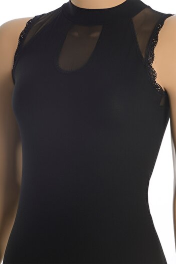 Öts Women's Black Tulle and Lace Detailed Tank Top