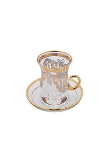 SQUALO Turkish tea cup set - 6 pieces with golden engravings and saucers
