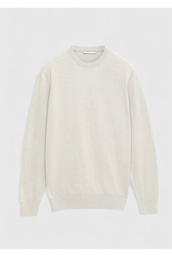 Ramsey Beige Crew Neck Plain Knit Wool Blended Sweater