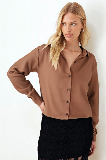 armonika Women's Light Brown Long Sleeve Plain Shirt Arm-18Y001176