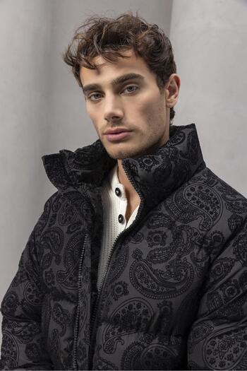 Valiberta Harjo Ethnic Pattern High Collar Puffer Men's Jacket - Black