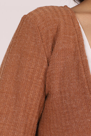 armonika Women's Coffee V-Neck Soft Textured Tie-Front Knit Cardigan with Elasticated Sleeves Arm-26K001010