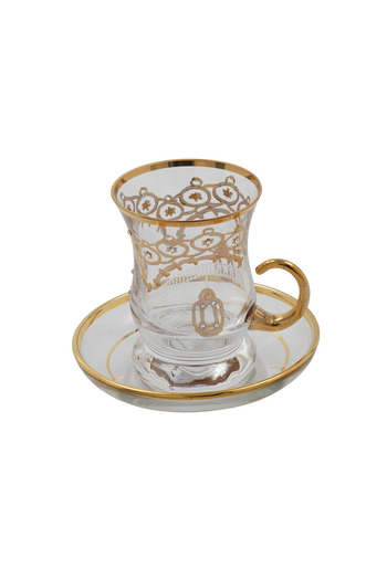 SQUALO Turkish tea cup set - 6 pieces with golden engravings and saucers
