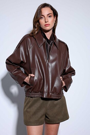 Antioch Brown Faux Leather Bomber Jacket