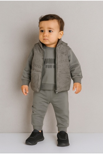 HUNNY BABY Baby Boy-Inflatable Vest with Zipper Closure Pocket Printed Badi Bottom Tracksuit Three-Piece Set