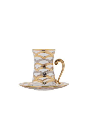 SQUALO Turkish tea cup set - 6 pieces with golden engravings and saucers