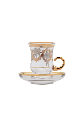 SQUALO Turkish tea cup set - 6 pieces with golden engravings and saucers
