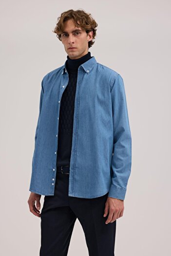 Jakamen Navy Blue Comfort Fit 100% Cotton Denim Shirt