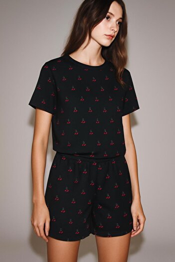 HAKKE Cherry Patterned T-Shirt Shorts Set