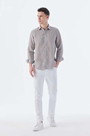 Jakamen Καφέ Comfort Fit ριγέ πουκάμισο από 100% λινό