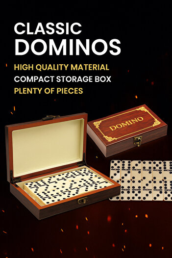 Generic Complete classic domino game in a deluxe padded wooden box with metal closure.
