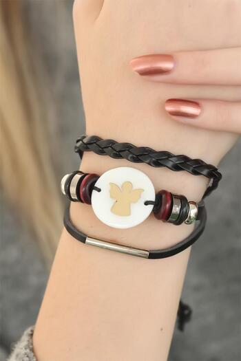 BESKAR Black Angel Design Multiple Leather Bracelet