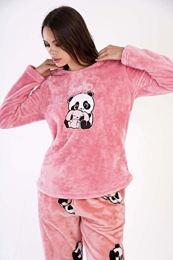 VİENETTA Women's Pink Color Welsoft Long Sleeve Crew Neck Straight Leg Pajama Set C3T3N0403