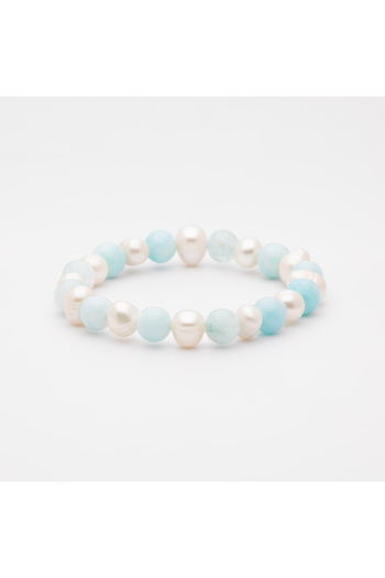 ElectraStore Handmade Bracelet Made of Natural Aquamarine Stones and Pearls