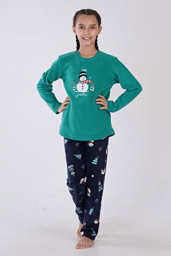 VİENETTA Girls' Green Color Long Sleeve Crew Neck Fleece Pajama Set C2T0N0503