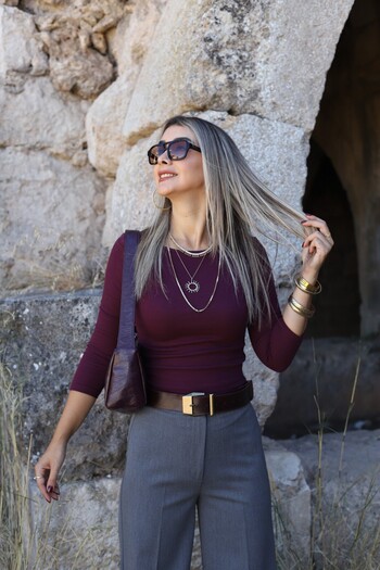 bytugcekaya Burgundy Corduroy Wide Neck Blouse