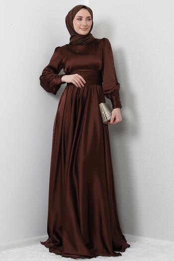 GİYZAMİLA Pleated Waist Satin Evening Dress Bitter Brown