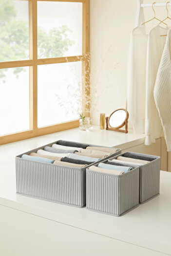 PH Prendi Home 3-Piece Gray Striped Drawer Organizer Set – Multi-Purpose Closet Box Set