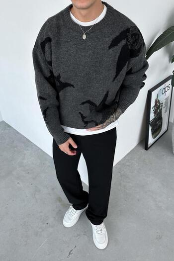 HAFKAGİYİM Dark Gray Premium Printed Oversize Sweater